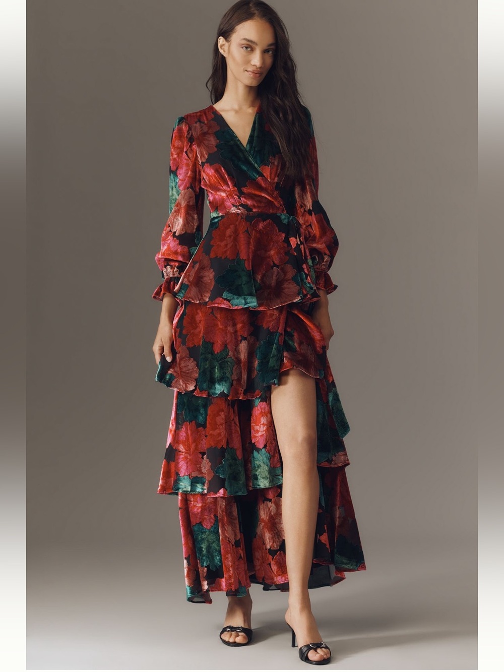 Anthropologie Hutch velvet Red and Green Floral Wrap Maxi Dress